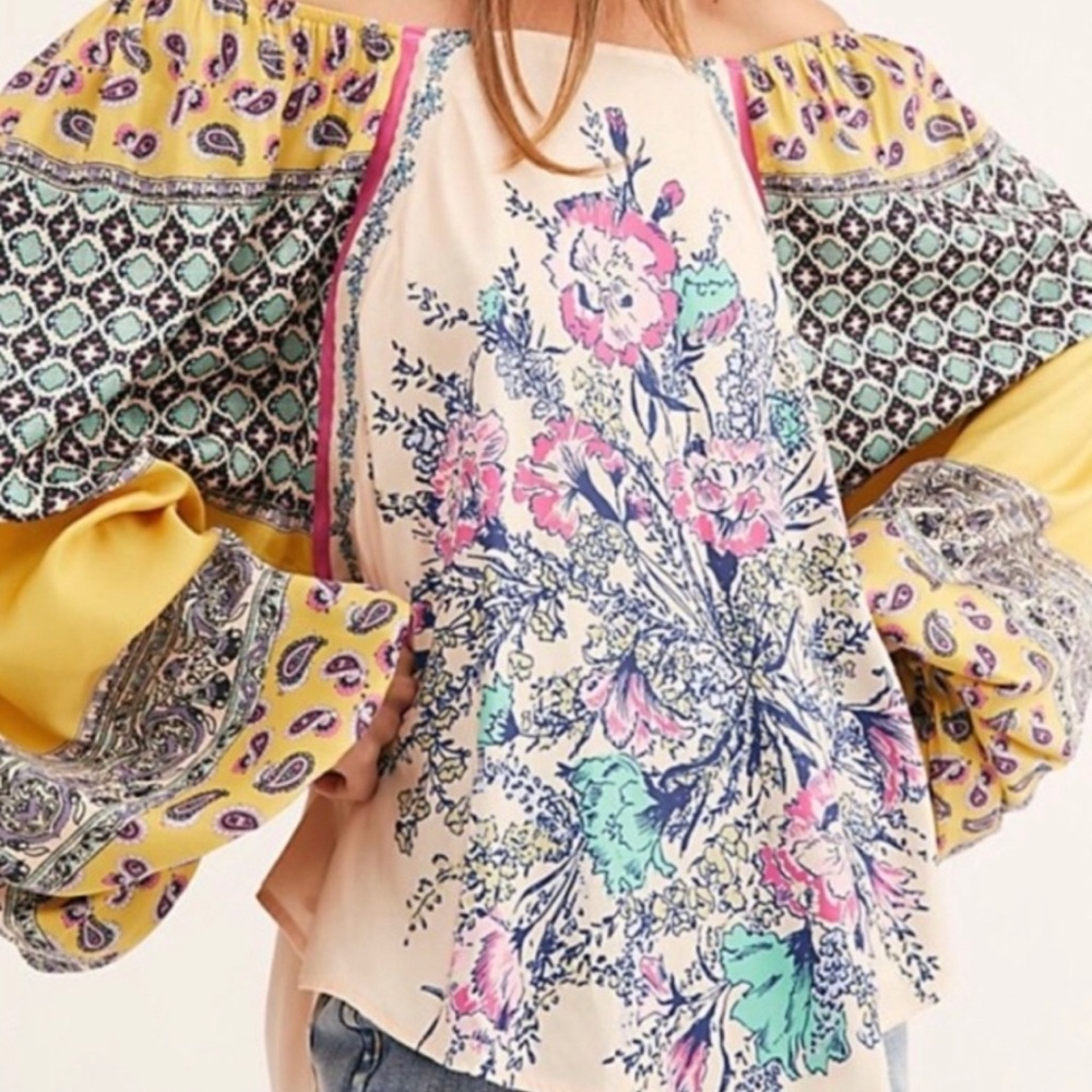 Free People l M Positano Silky Mix Print Floral Off-Shoulder Boho Peasant Blouse - Picture 3 of 8